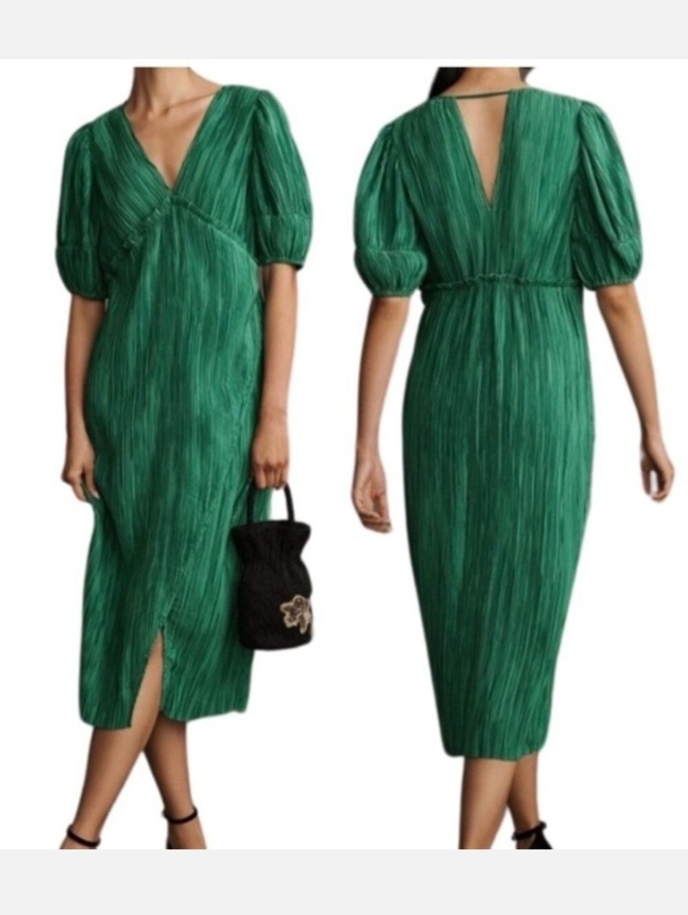 NWT Anthropologie V-Neck Pleated Slim Midi Dress Kelly emerald green SZ Meduim